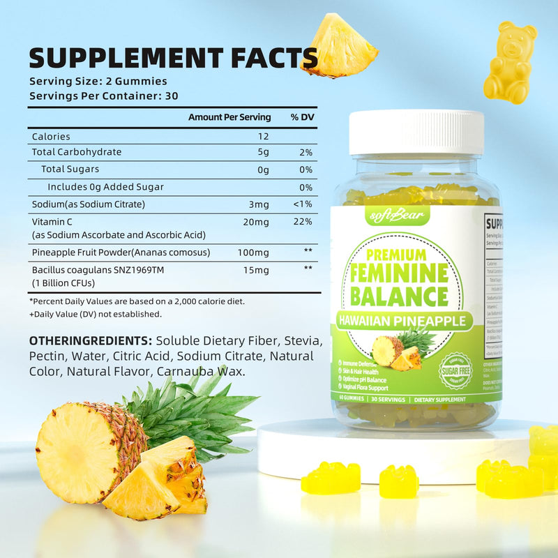 softbear Premium Feminine Balance Gummies for Women | Pineapple pH Balance, Vaginal Care, Immune Support | Vegan & Gluten-Free | 120 Count