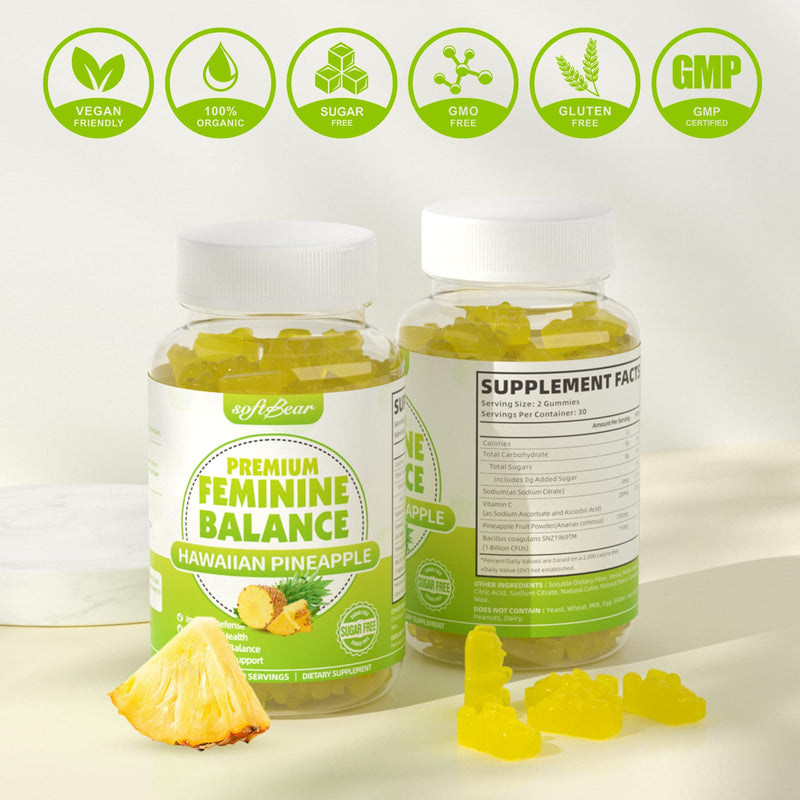 softbear Premium Feminine Balance Gummies for Women | Pineapple pH Balance, Vaginal Care, Immune Support | Vegan & Gluten-Free | 120 Count