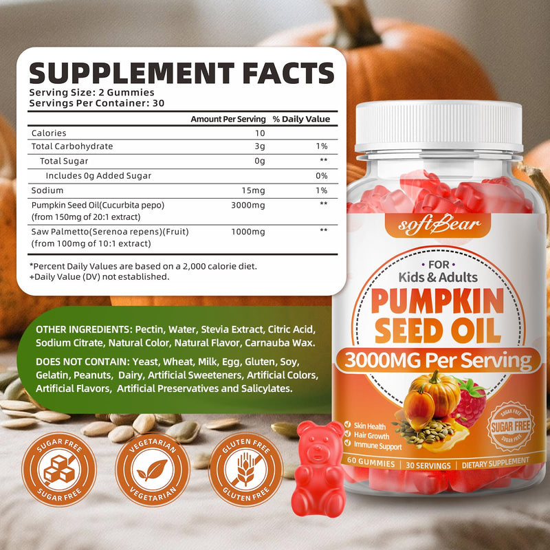 SoftBear Pumpkin Seed Oil Gummies 3000mg – Organic Pumpkin Seed Oil with Saw Palmetto for Hair Growth & Skin Health (60 Count) – Sugar-Free