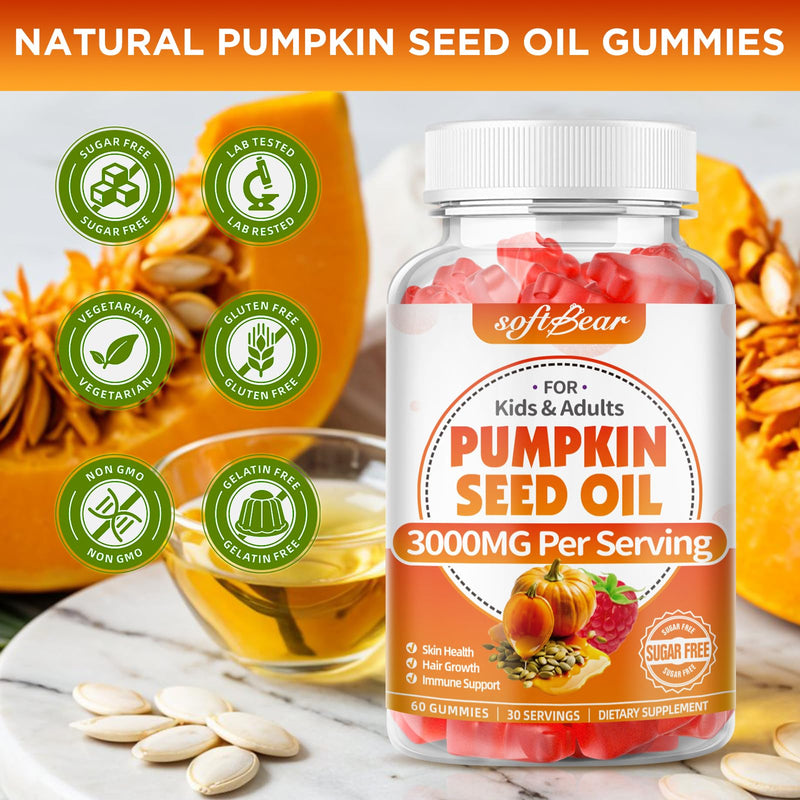 SoftBear Pumpkin Seed Oil Gummies 3000mg – Organic Pumpkin Seed Oil with Saw Palmetto for Hair Growth & Skin Health (60 Count) – Sugar-Free