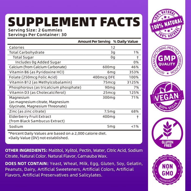 SoftBear Calcium Magnesium Zinc Gummies – Sugar-Free Elderberry Flavor, 120 Count | Bone Health & Immune Support