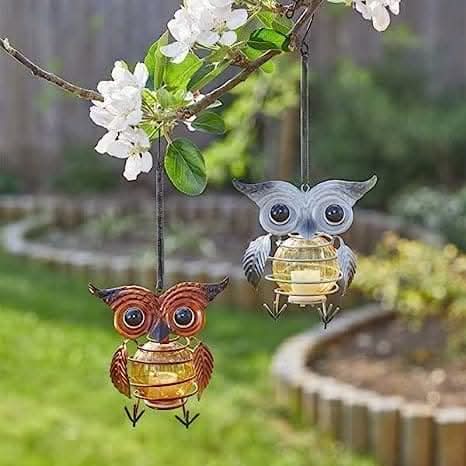 Hanging Owl Solar Garden Light with 4 Copper LEDs Tree Décor 24cm
