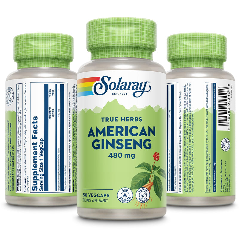 SOLARAY American Ginseng 480 mg | Adaptogenic Herb for Stress, Energy & Endurance | 50 VegCaps