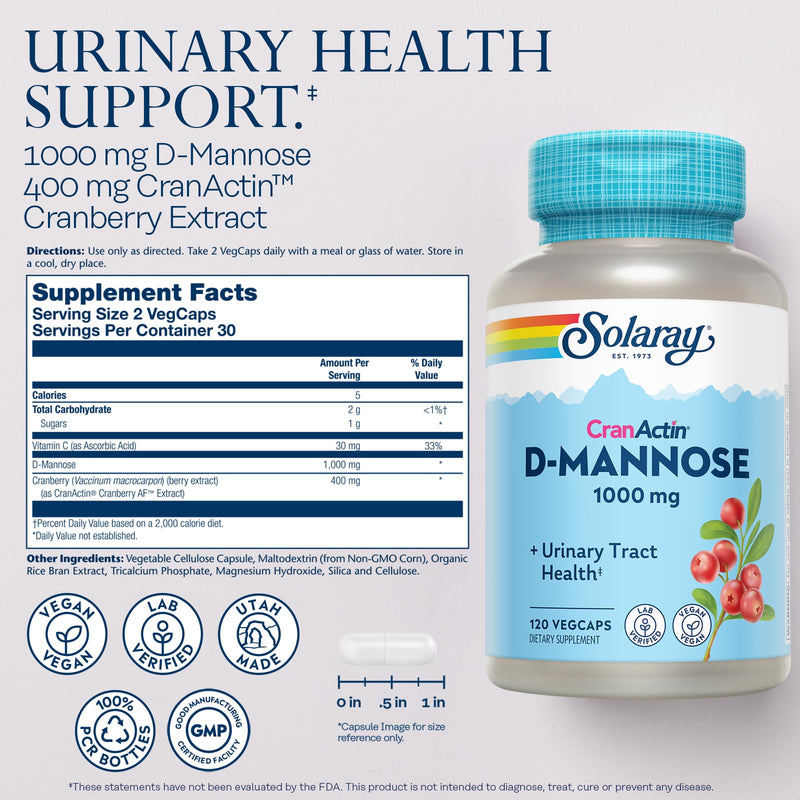 SOLARAY D-Mannose 1000mg with CranActin Cranberry Extract - Vegan Urinary Tract Support + Vitamin C