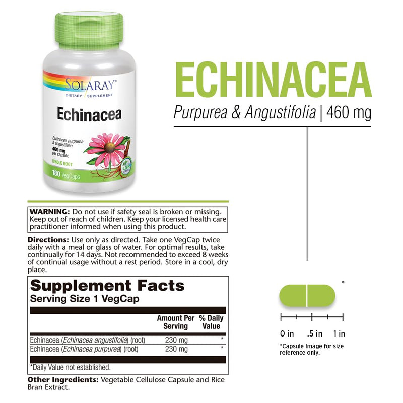 SOLARAY Echinacea Purpurea & Angustifolia Root 460 mg – Immune & Respiratory Support (180 VegCaps)
