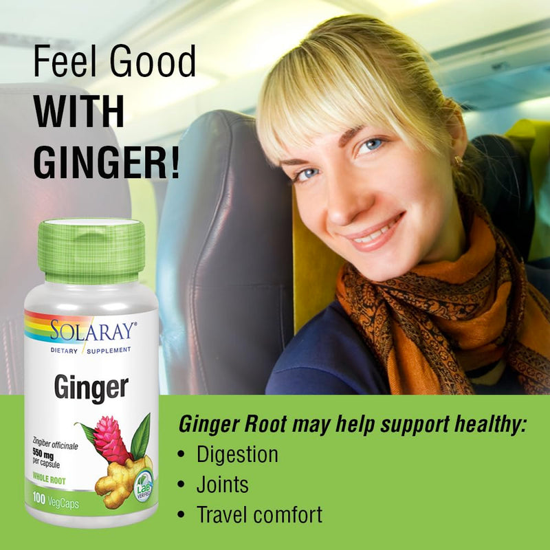 SOLARAY Ginger Root 1100mg | Healthy Digestion, Joints & Motion Support | Whole Root, Non-GMO & Vegan | 100 VegCaps