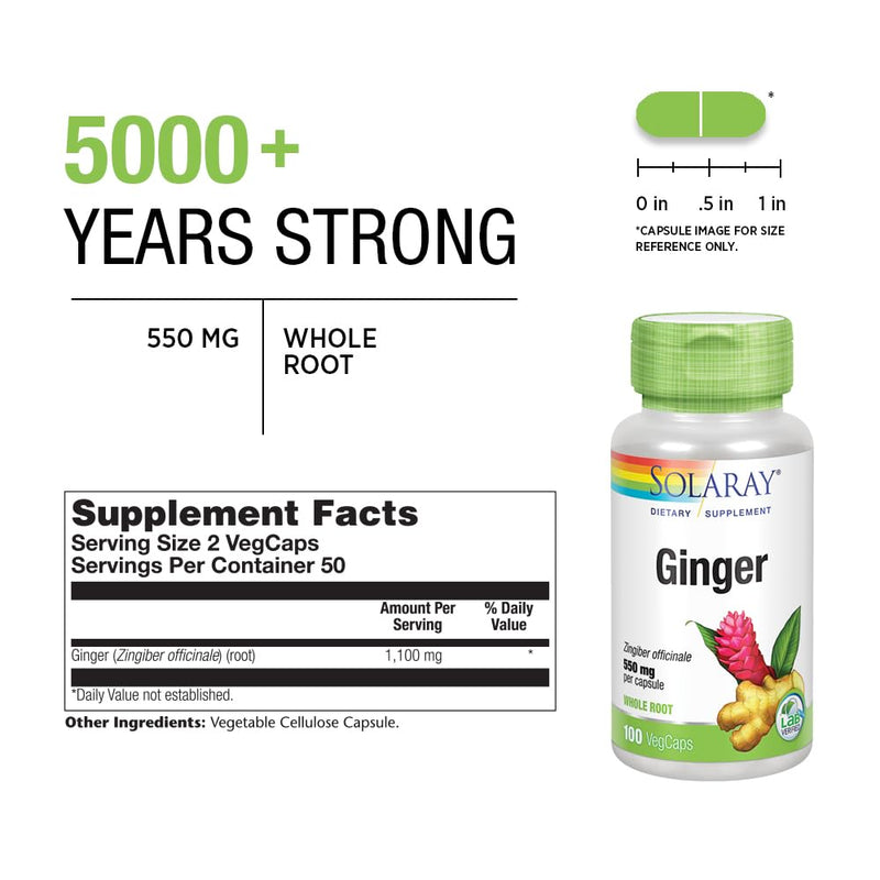 SOLARAY Ginger Root 1100mg | Healthy Digestion, Joints & Motion Support | Whole Root, Non-GMO & Vegan | 100 VegCaps