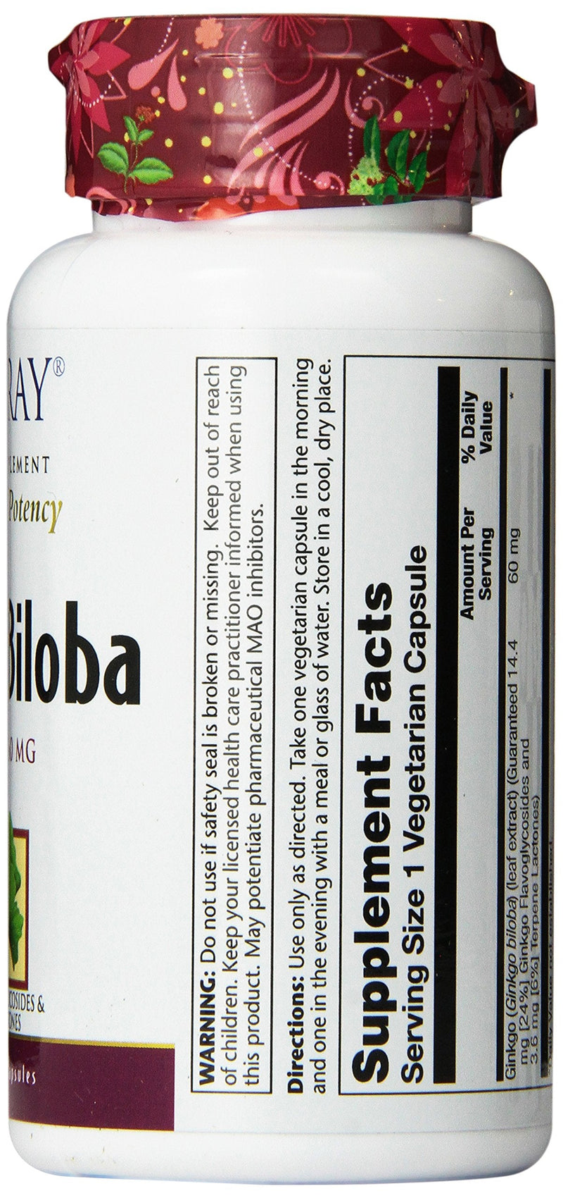 SOLARAY Guaranteed Potency Ginkgo Biloba Leaf Extract, Veg Cap - 60 mg, 120ct