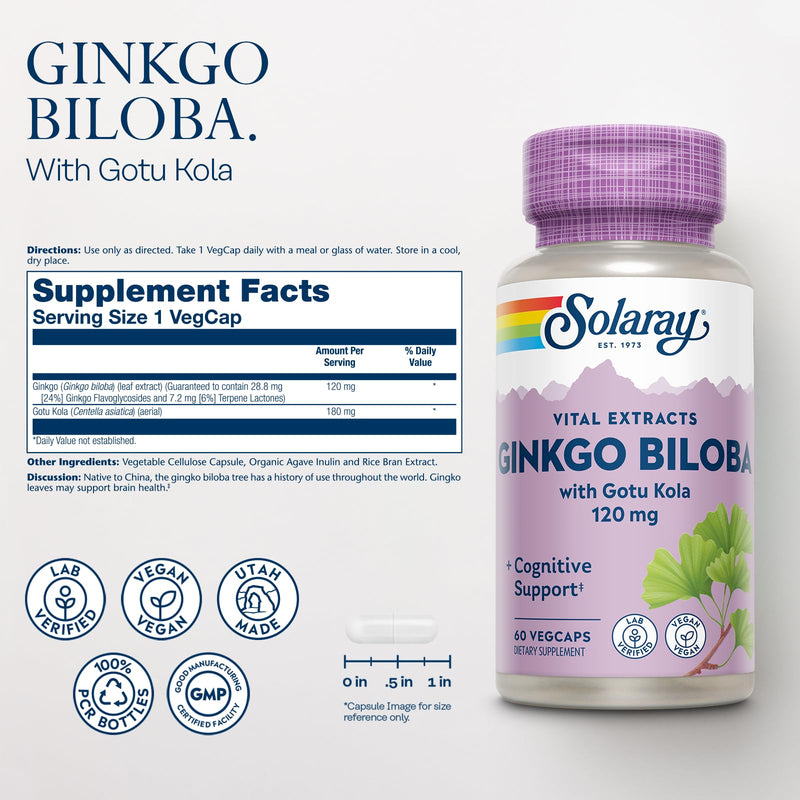 SOLARAY Ginkgo Biloba Extract with Gotu Kola – Brain Health Support, Vegan, Lab Verified, 60 Servings
