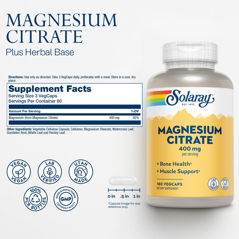 Solaray Magnesium Citrate 400mg - Bone, Heart & Muscle Support | Vegan & Gluten Free