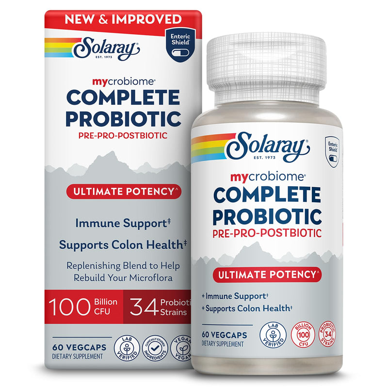 SOLARAY Mycrobiome Complete Probiotic Ultimate Potency – 100B CFU, 34 Strains, 60 VegCaps, Vegan