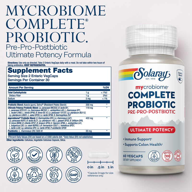 SOLARAY Mycrobiome Complete Probiotic Ultimate Potency – 100B CFU, 34 Strains, 60 VegCaps, Vegan