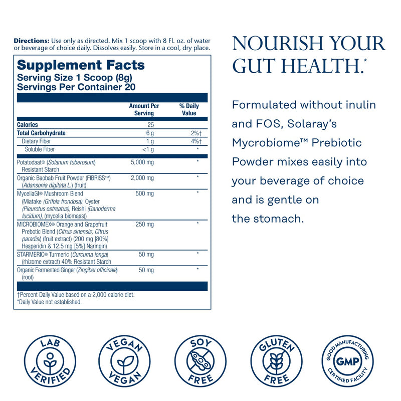 SOLARAY Mycrobiome Prebiotic Powder - Gut Health & Citrus Flavor, 20 Servings