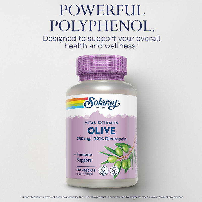 SOLARAY Olive Leaf Extract 250mg Capsules - 22% Oleuropein, Lemon Balm, Vegan, 120 Servings