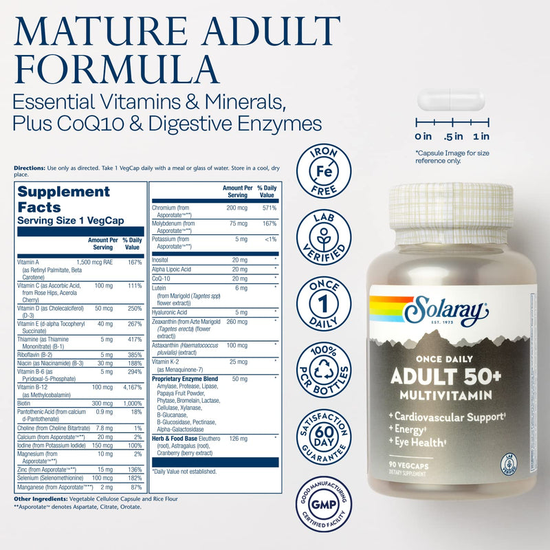 Solaray Once Daily 50+ Multivitamin for Women & Men – Iron Free, CoQ10, Lutein, 90 VegCaps