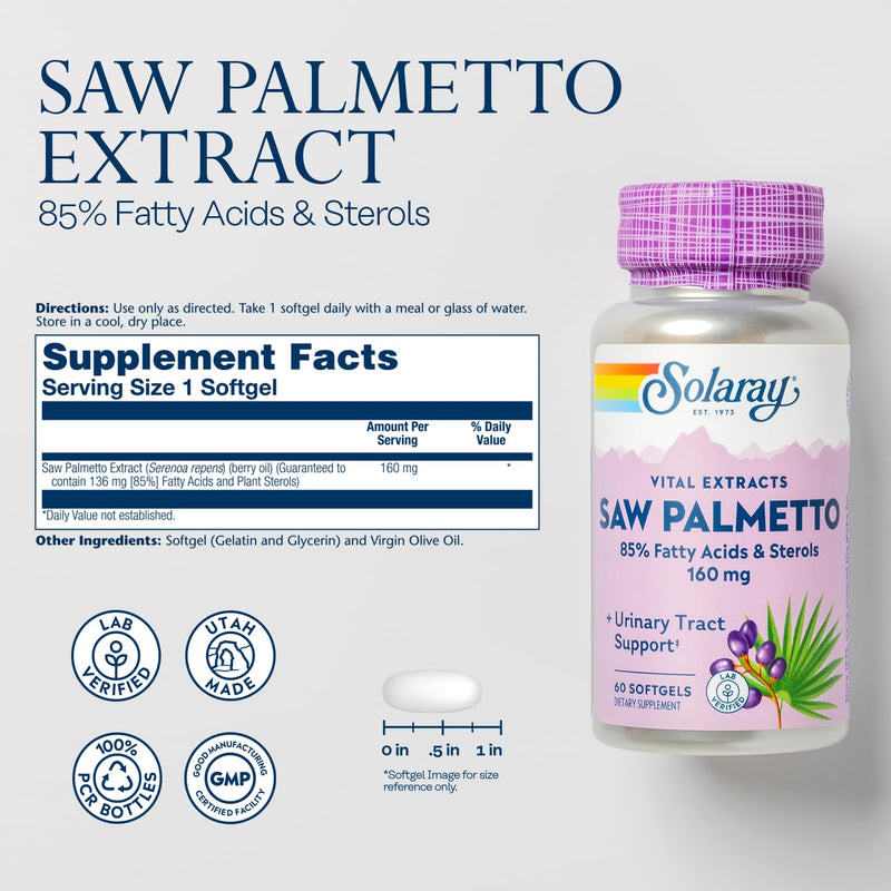 SOLARAY Saw Palmetto Extract – Prostate & Urinary Support, 136 mg Fatty Acids & Sterols, Lab Verified, Pack of 2 (60 Servings)