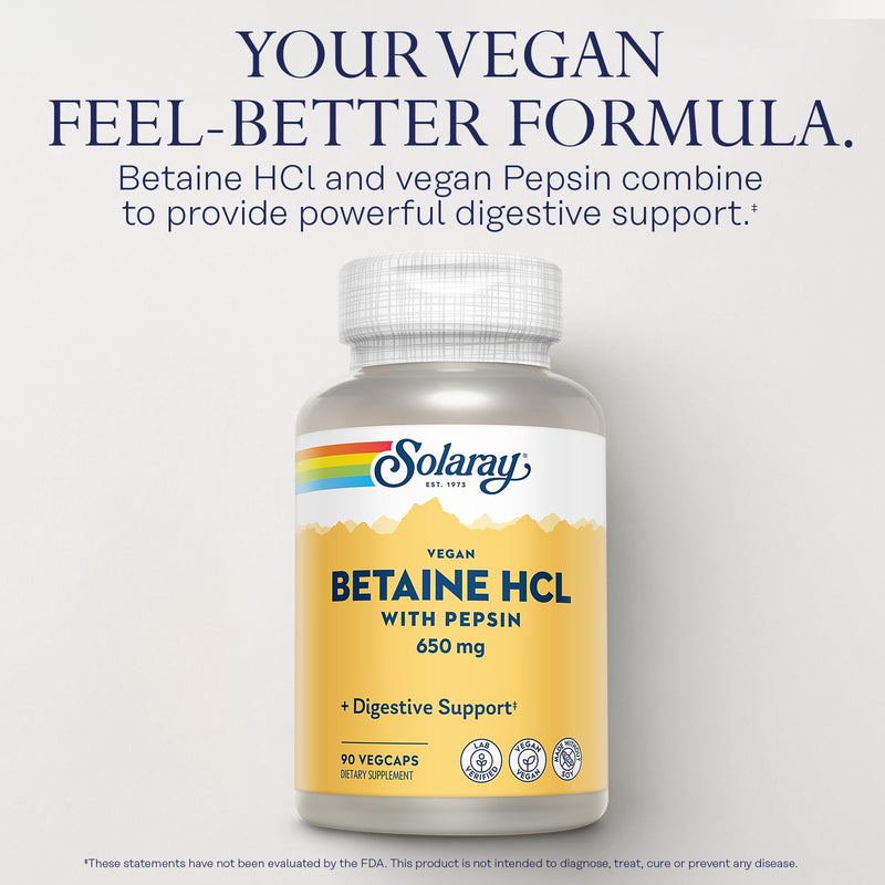 SOLARAY Vegan Betaine HCL with Pepsin - Digestive Health Supplement, 90 VegCaps | 60-Day Guarantee
