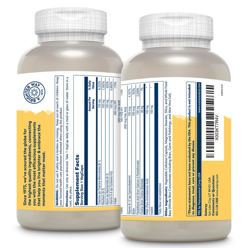 SOLARAY Vitamin B Complex 100 mg, 275 VegCaps | Energy, Immune & Nerve Support | Vegan