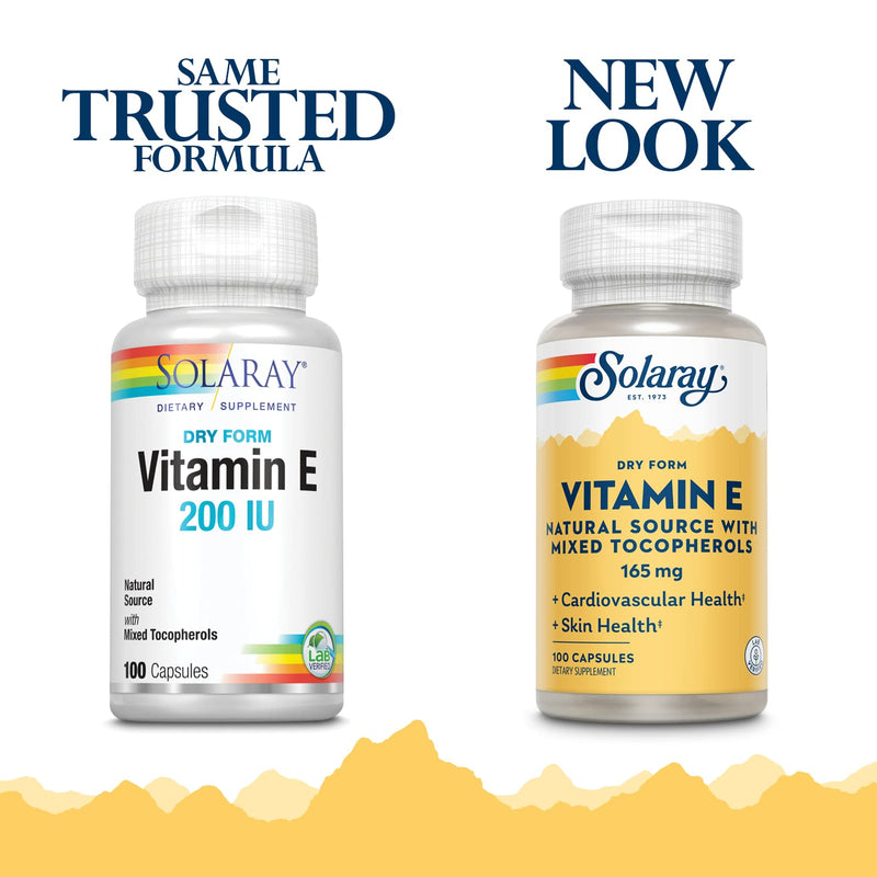 SOLARAY Vitamin E, Dry 200 IU w/Mixed Tocopherols | Healthy Cardiac Function & Skin Health Support | 100ct (Pack of 2)