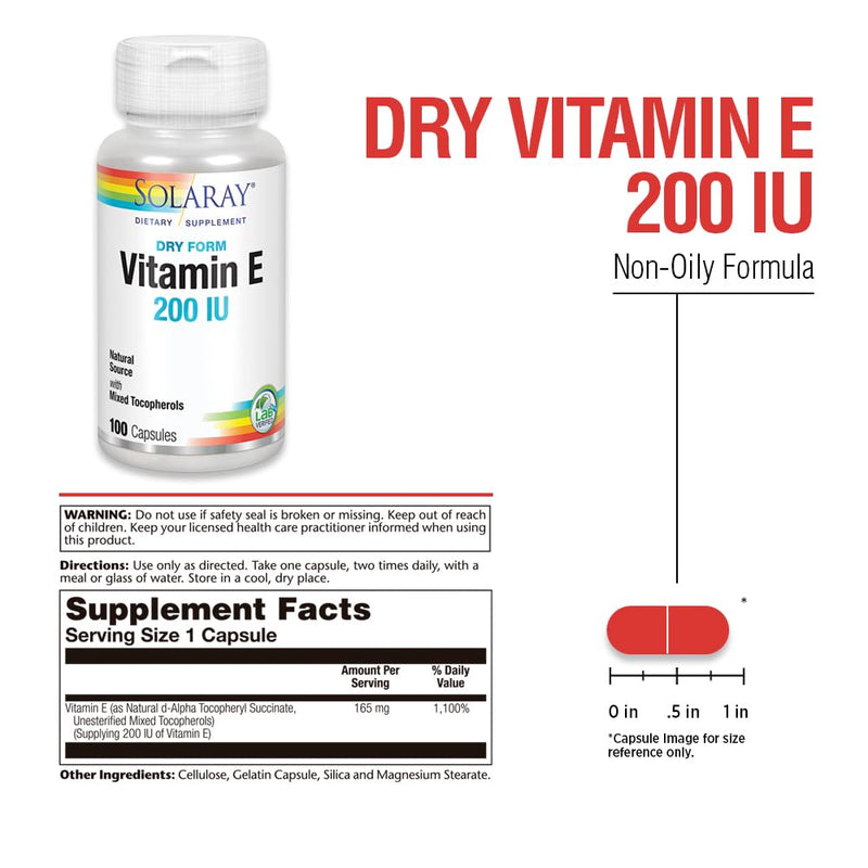 SOLARAY Vitamin E, Dry 200 IU w/Mixed Tocopherols | Healthy Cardiac Function & Skin Health Support | 100ct (Pack of 2)