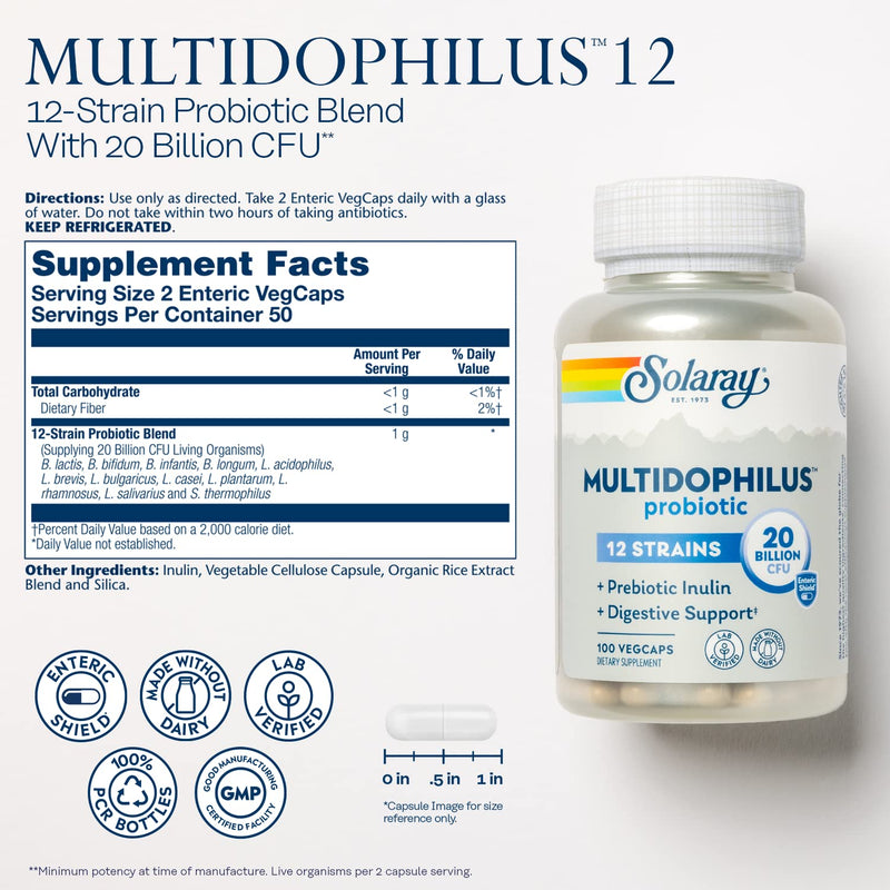 SOLARAY Multidophilus 12 Strain Probiotic – 20 Billion CFU, Digestive Health