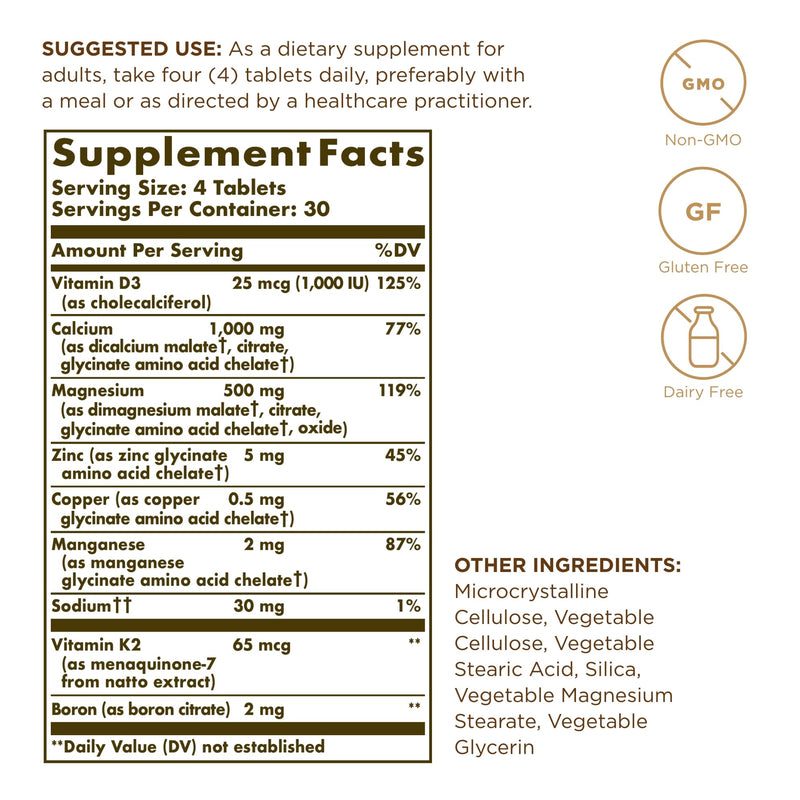Solgar Advanced Calcium Complex - 120 Tablets (Pack of 2) with Zinc, Boron, Vitamins D3 & K2 | Non-GMO, Gluten Free, Dairy Free - 60 Total Servings