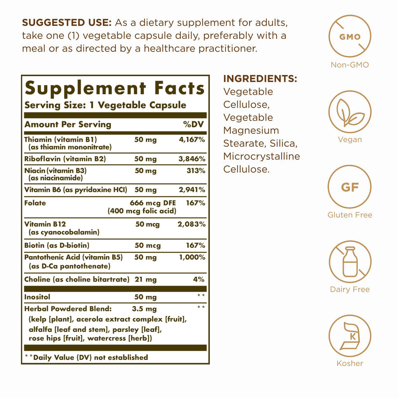 Solgar B-Complex 50 | 100 Veg Capsules | Energy & Nervous System Support