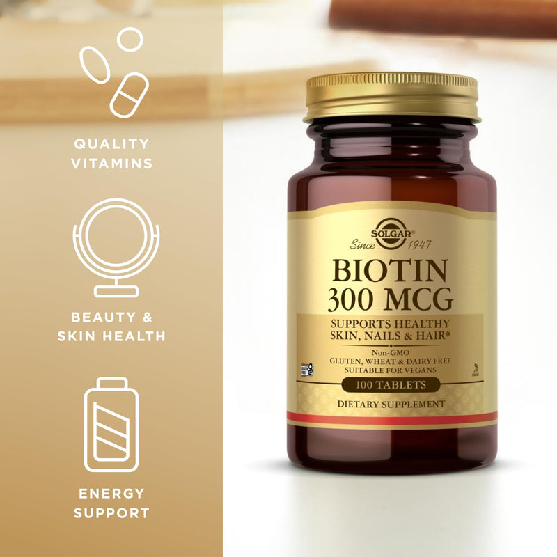 Solgar Biotin 300 mcg - 100 Tablets - Supports Skin, Nails & Hair - Non-GMO, Vegan, Gluten Free, Dairy Free, Kosher - 100 Servings