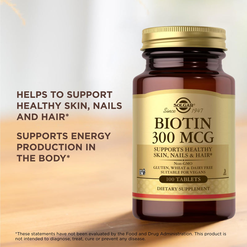 Solgar Biotin 300 mcg - 100 Tablets - Supports Skin, Nails & Hair - Non-GMO, Vegan, Gluten Free, Dairy Free, Kosher - 100 Servings