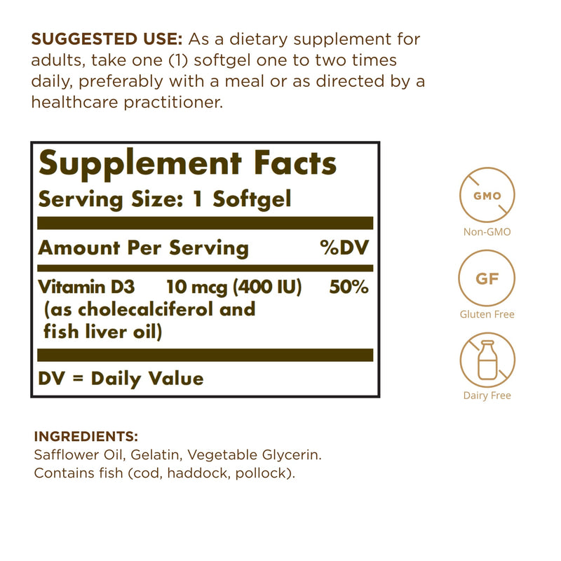 Solgar Vitamin D3 (Cholecalciferol) 10 mcg (400 IU) - 250 Softgels – Supports Healthy Bones, Teeth & Immune System
