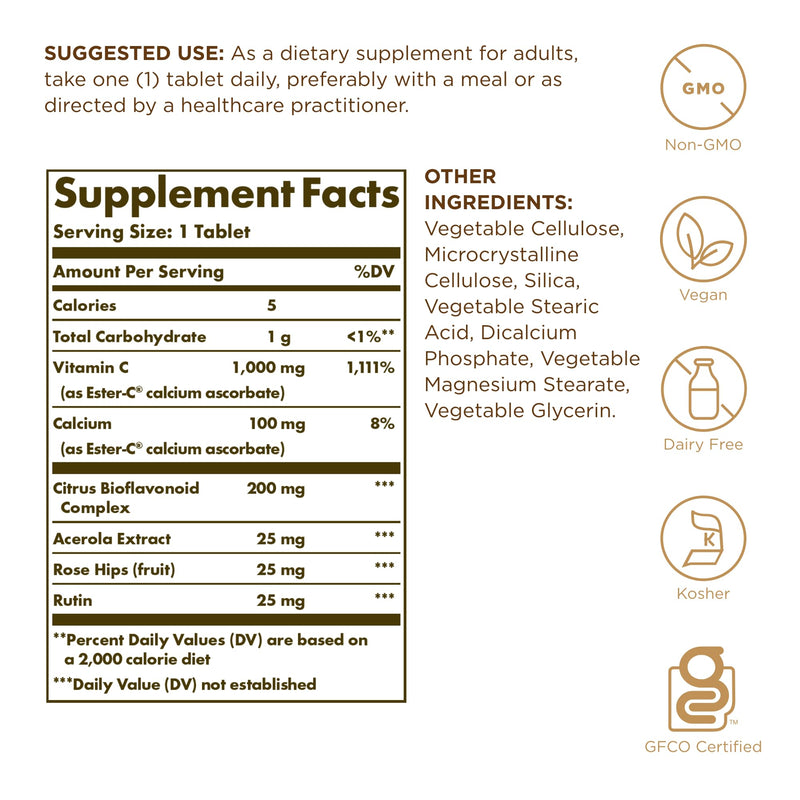 Solgar Ester-C Plus 1000 mg Vitamin C – Gentle, Non-Acidic | 180 Tablets | Non-GMO, Gluten Free