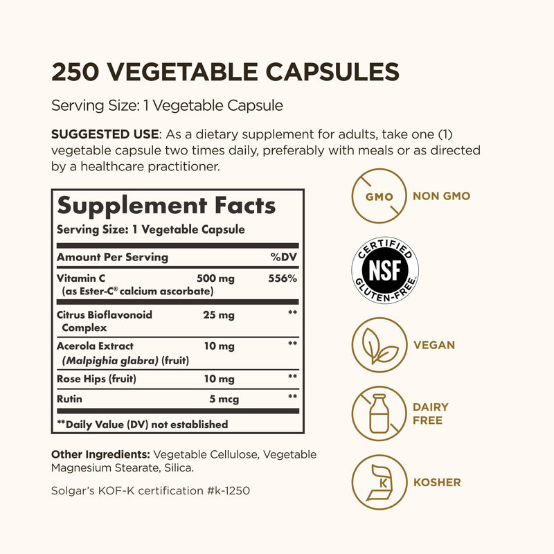 Solgar Ester-C Plus 500 mg Vitamin C – 250 Vegan Capsules | Gentle & Non-Acidic