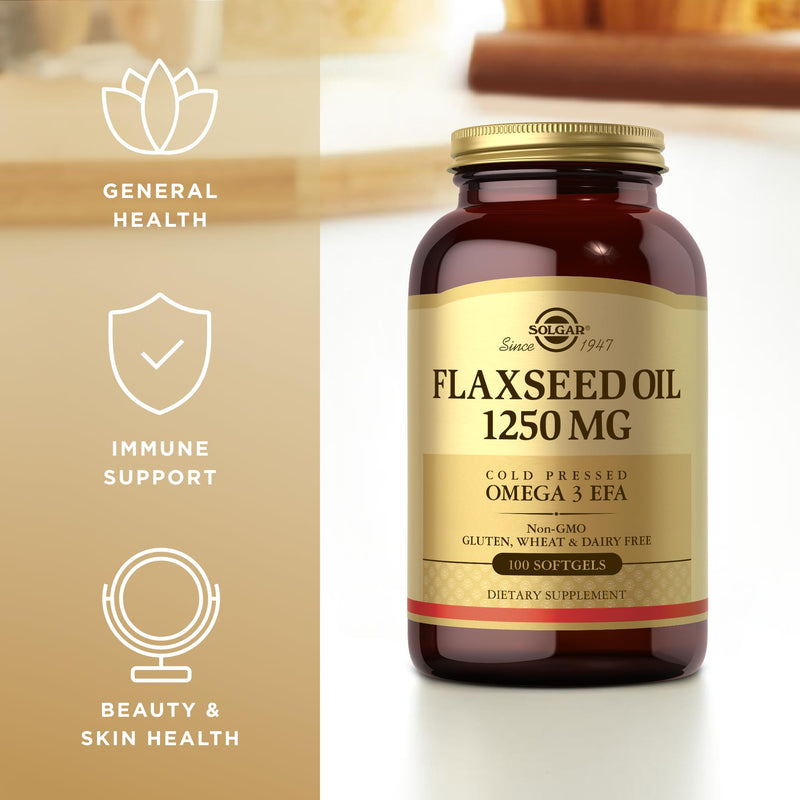 Solgar Flaxseed Oil 1250 mg – 100 Softgels | Organic Cold-Pressed Omega-3 | Supports Heart, Immune & Skin Health | Non-GMO, Gluten Free, Dairy Free | 50 Servings