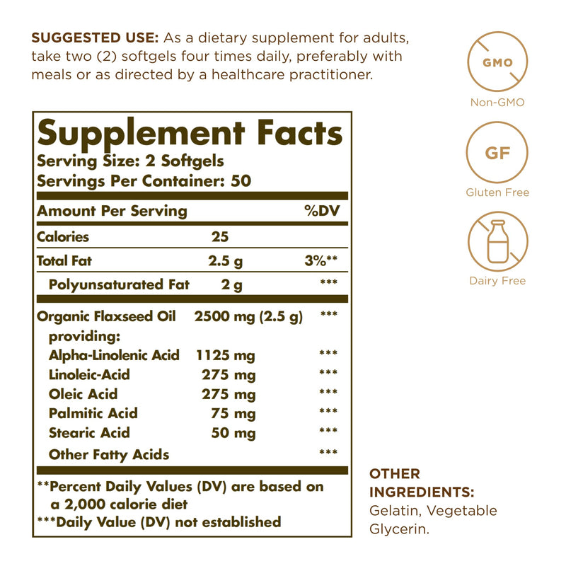 Solgar Flaxseed Oil 1250 mg – 100 Softgels | Organic Cold-Pressed Omega-3 | Supports Heart, Immune & Skin Health | Non-GMO, Gluten Free, Dairy Free | 50 Servings