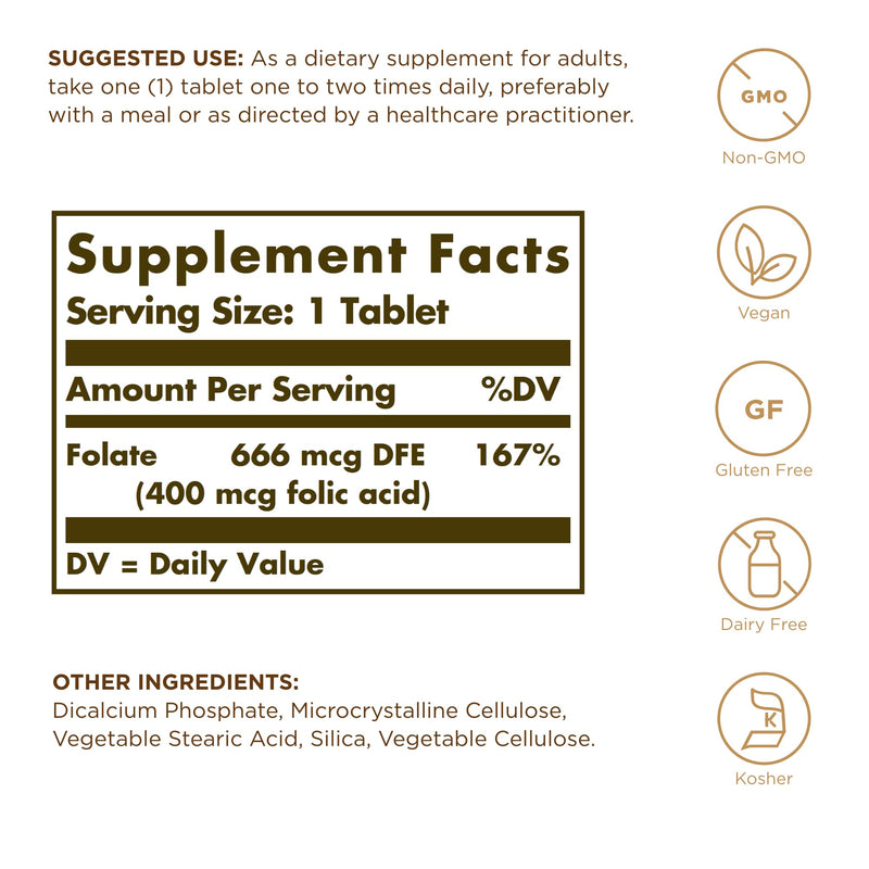 Solgar Folate 666 mcg DFE (Folic Acid 400 mcg) – 250 Tablets – Prenatal Support | Non-GMO, Vegan