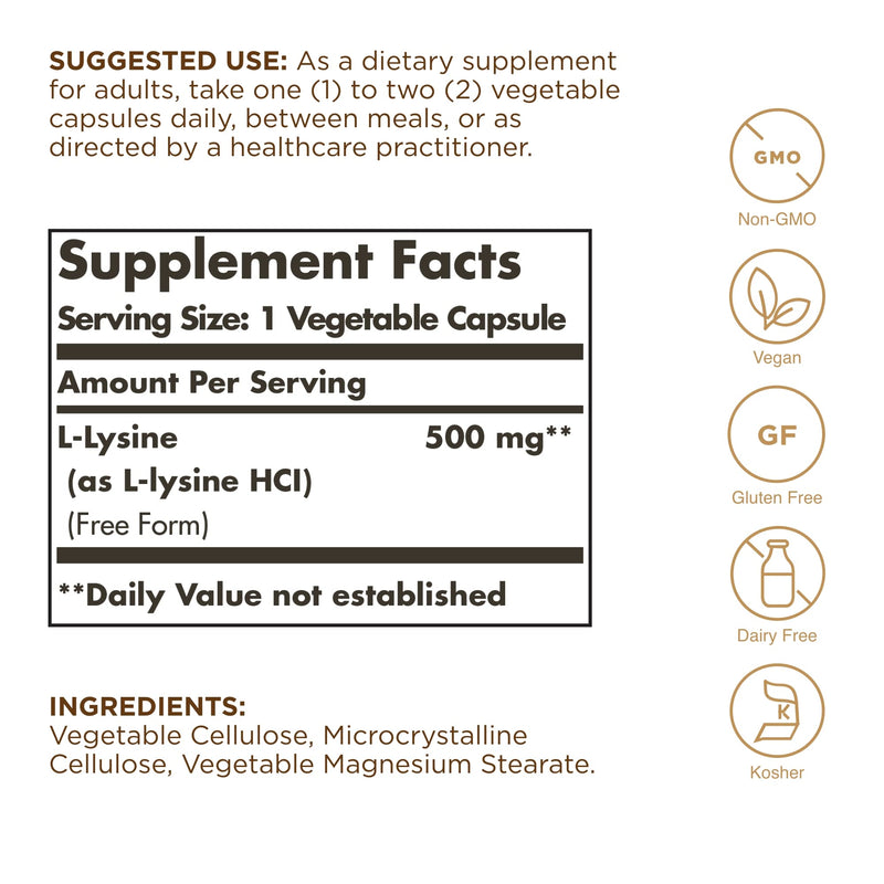 Solgar L-Lysine 500 mg - 100 Veg Capsules | Skin & Tissue Support