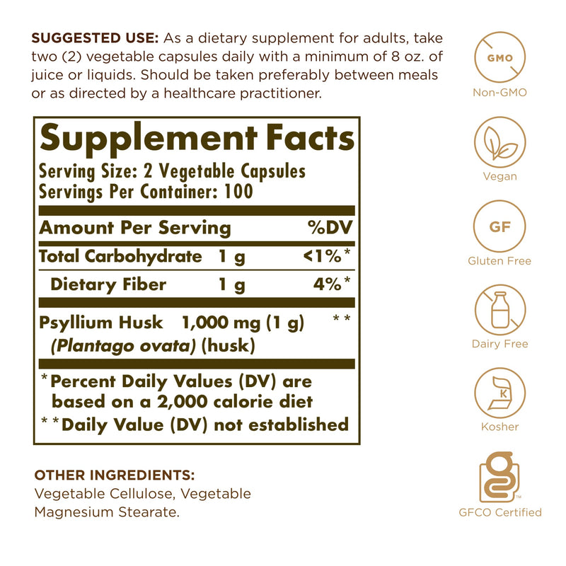 Solgar Psyllium Husks Fiber 500 mg - 200 Veg Capsules | Non-GMO & Vegan