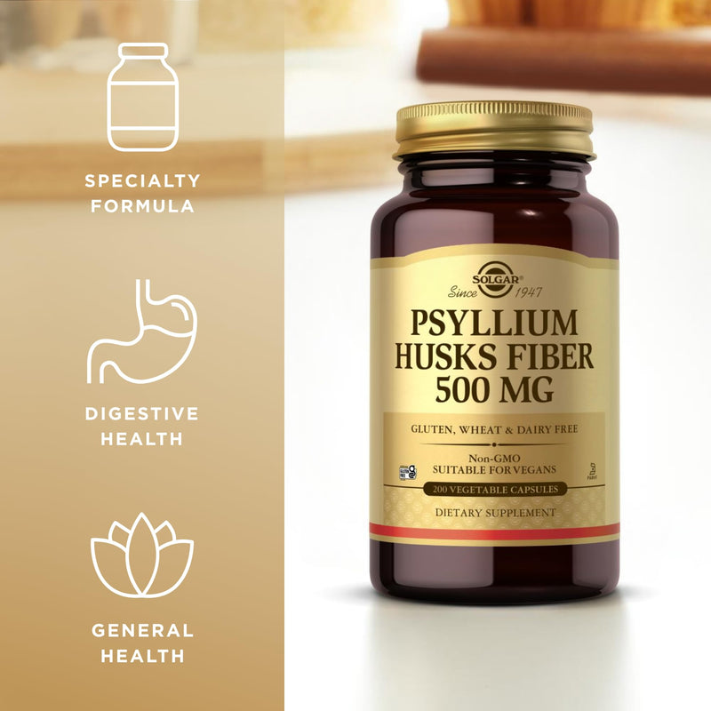 Solgar Psyllium Husks Fiber 500 mg - 200 Veg Capsules | Non-GMO & Vegan