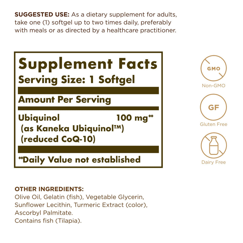 Solgar Ubiquinol 100 mg CoQ-10 Softgels – 100 Servings, Non-GMO, Gluten Free