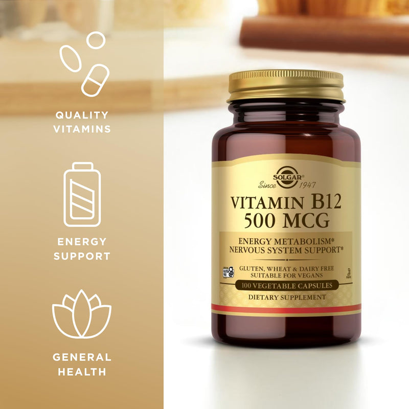 Solgar Vitamin B12 500 mcg – 100 Vegetarian Capsules | Energy Metabolism & Nervous System Support | Non-GMO, Vegan, Gluten & Dairy Free | 100 Servings