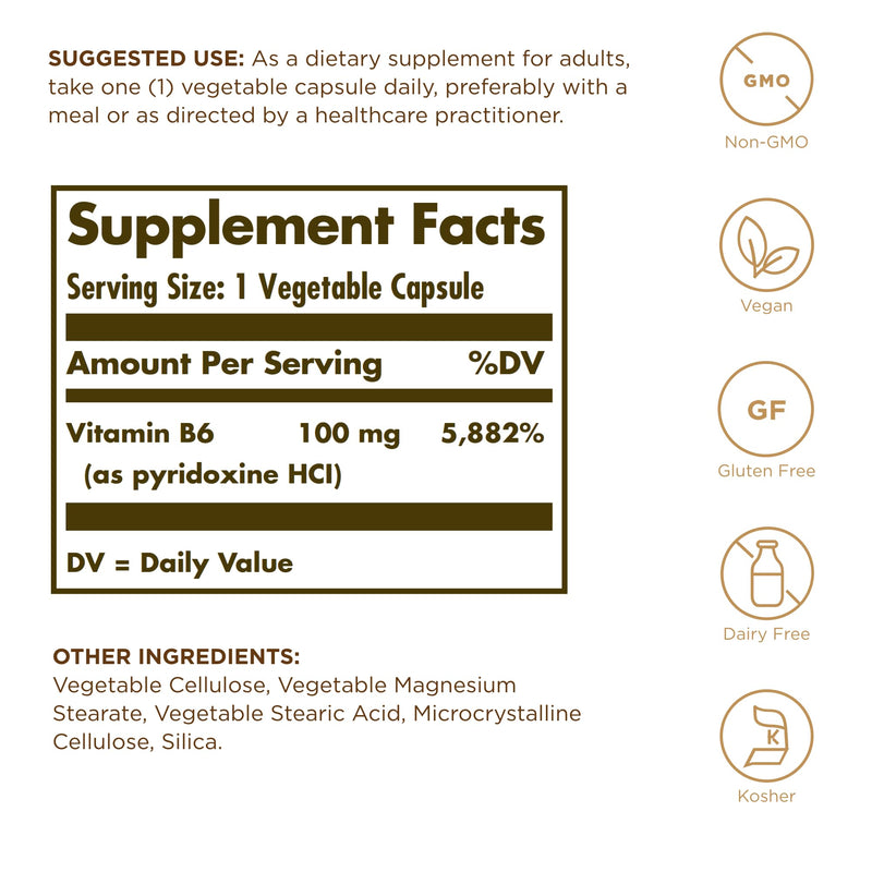 Solgar Vitamin B6 100 mg - 100 Vegetable Capsules - Non-GMO, Vegan, Gluten Free, Dairy Free, Kosher, Halal - 100 Servings (Pack of 2)