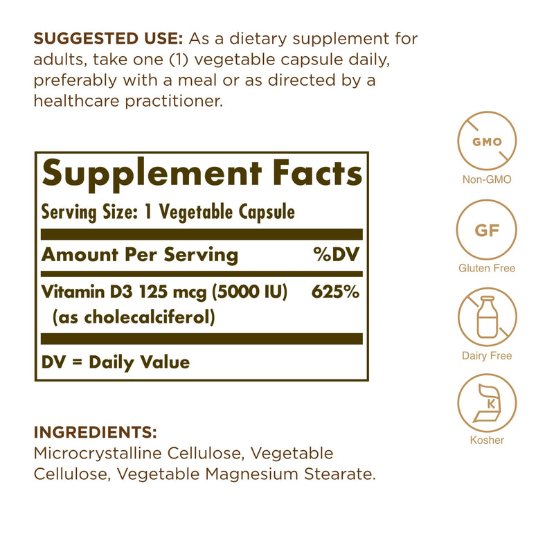 Solgar Vitamin D3 125 mcg (5000 IU) – 120 Veg Capsules | Bone & Immune Support