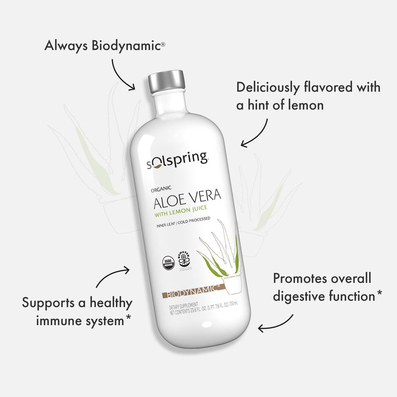Solspring Biodynamic Organic Aloe Vera Juice with Lemon – 700 mL (23.6 fl oz), USDA Organic, Unpasteurized | Dr. Mercola