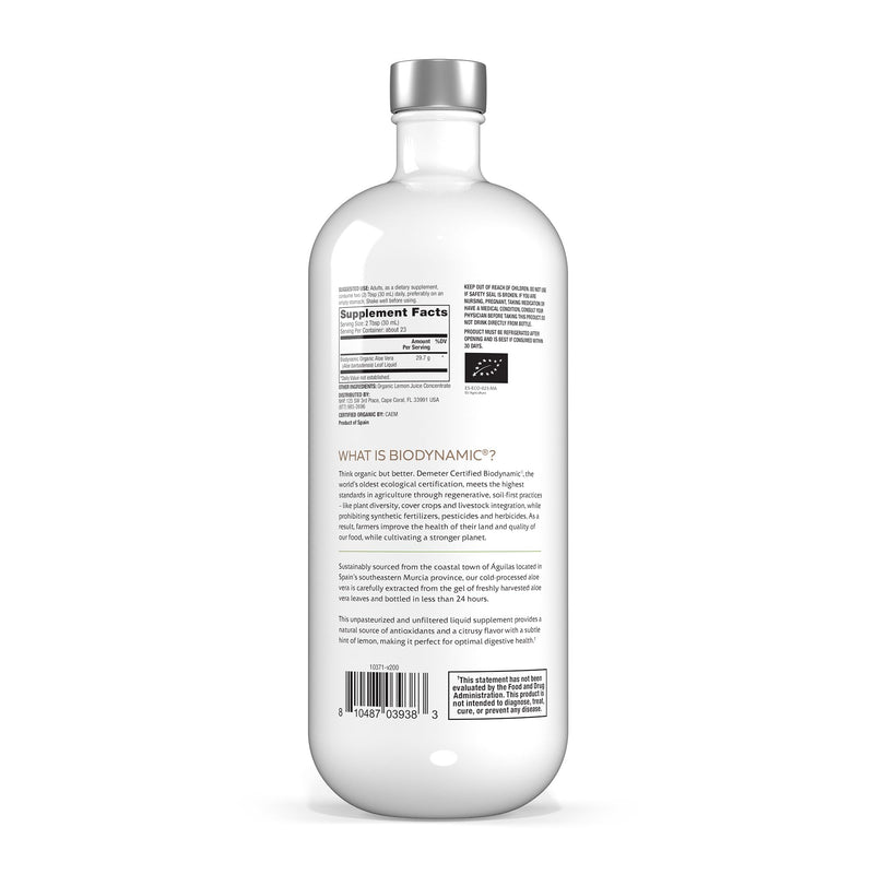Solspring Biodynamic Organic Aloe Vera Juice with Lemon – 700 mL (23.6 fl oz), USDA Organic, Unpasteurized | Dr. Mercola