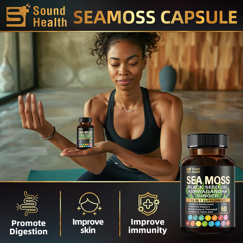 SoundHealth Sea Moss Capsules – 8000mg Sea Moss, 4000mg Black Seed, 2000mg Ashwagandha, Turmeric & Burdock, Vitamin C & D3 (30 Days)