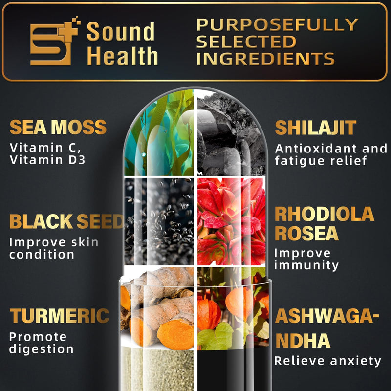 SoundHealth Sea Moss Capsules – 8000mg Sea Moss, 4000mg Black Seed, 2000mg Ashwagandha, Turmeric & Burdock, Vitamin C & D3 (30 Days)