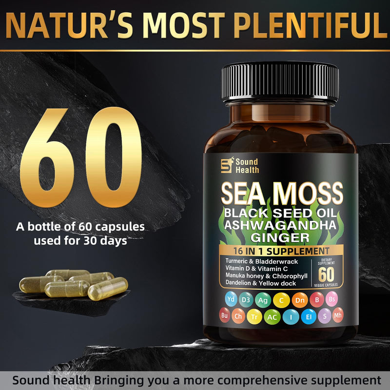 SoundHealth Sea Moss Capsules – 8000mg Sea Moss, 4000mg Black Seed, 2000mg Ashwagandha, Turmeric & Burdock, Vitamin C & D3 (30 Days)