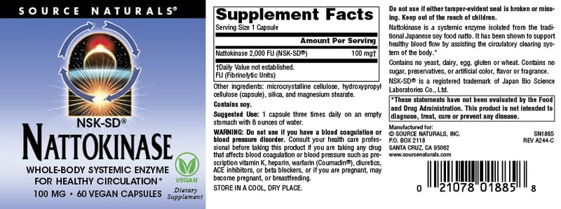 Source Naturals NSK-SD Nattokinase 100mg | Systemic Enzyme for Healthy Circulation - 60 Vegan Capsules