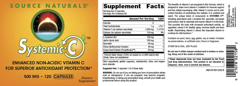 Source Naturals Systemic C 500mg - 120 Capsules | Immune Support & Antioxidant Vitamin C
