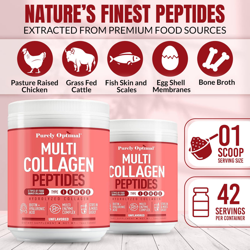 Purely Optimal Multi Collagen Powder for Women – 5 Types, Biotin & Hyaluronic Acid (Unflavored, 42 Servings)